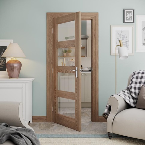Shaker Oak 4 Panel Pre-Finished Clear Glazed Door